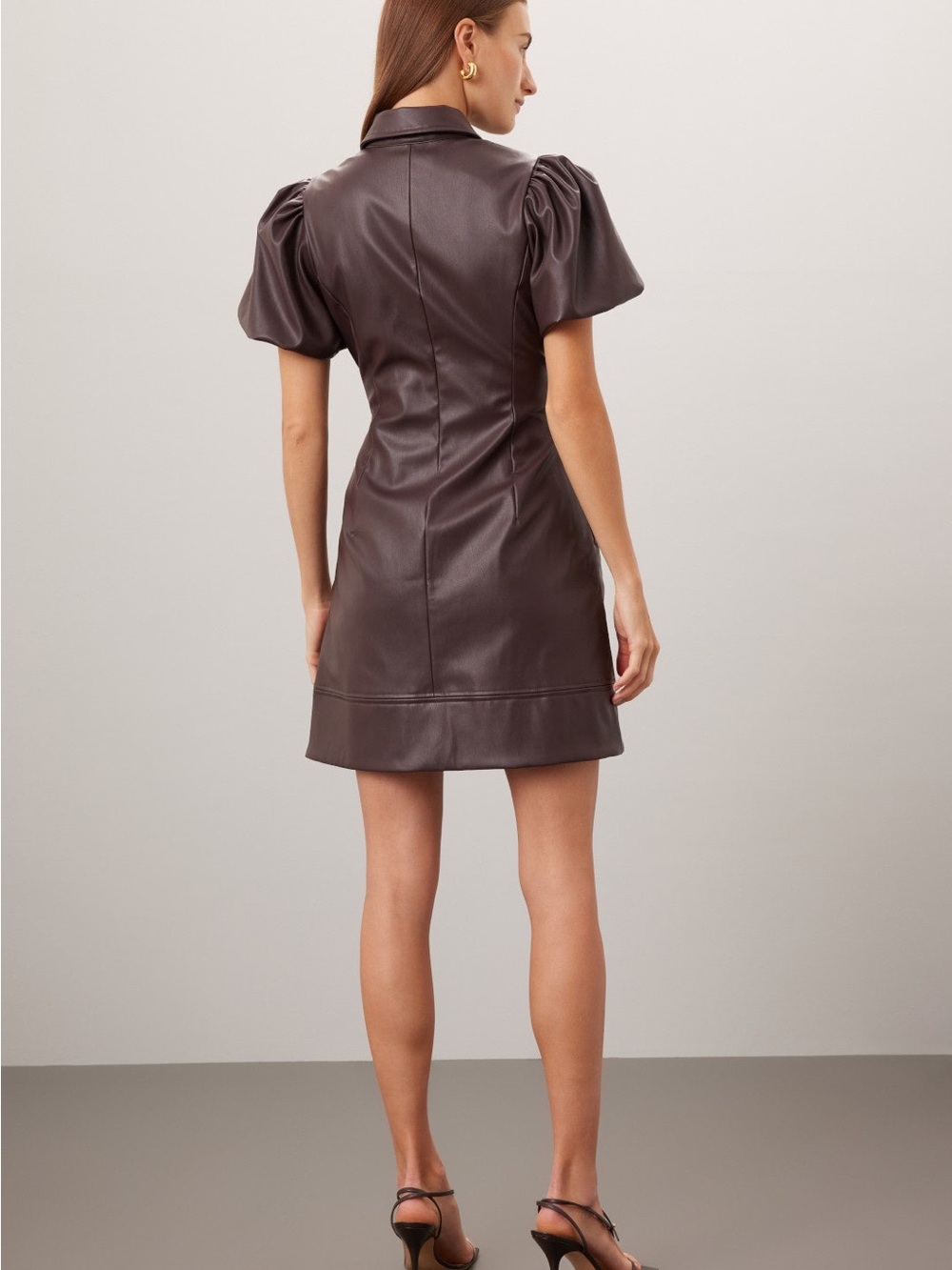 Puff-Sleeve Faux Leather Mini Dress in Dark Brown - Picture 3 of 8
